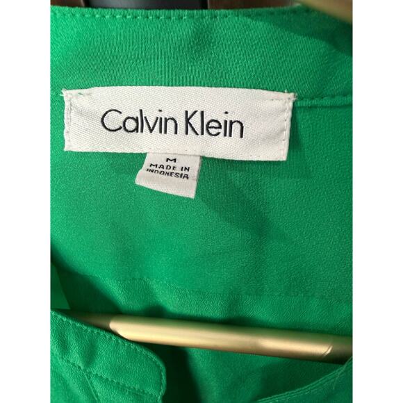 Calvin Klein Green Career Blouse V Neck Zipper Pocket Roll Up Sleeve Size M EUC - Picture 5 of 7